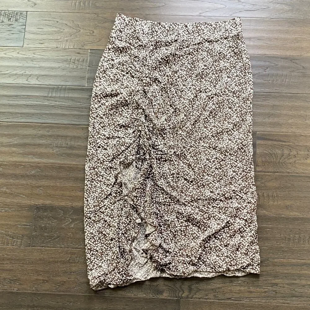SHEIN Curve Ruffle Pencil Skirt Womens Sz XL Brown Floral Side Slit